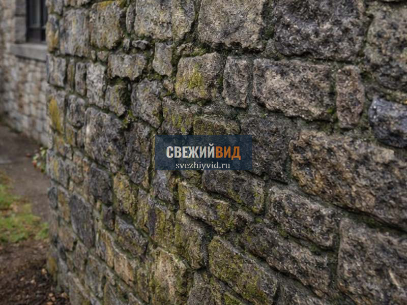 Фасад из искусственного камня до пескоструйной очистки от мха и загрязнений